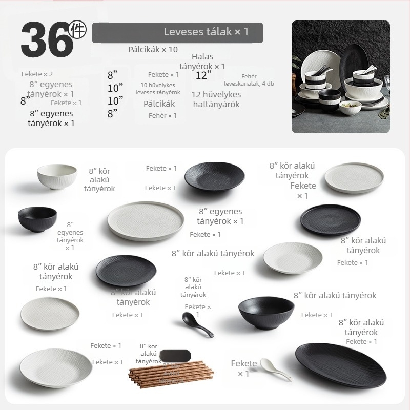 Porcelán étkészlet tálakkal, tányérokkal és evőpálcikákkal; egyszerű stílus, kerek forma, egynemű mintázat; márka YOGEHOME