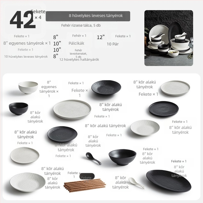 Porcelán étkészlet tálakkal, tányérokkal és evőpálcikákkal; egyszerű stílus, kerek forma, egynemű mintázat; márka YOGEHOME