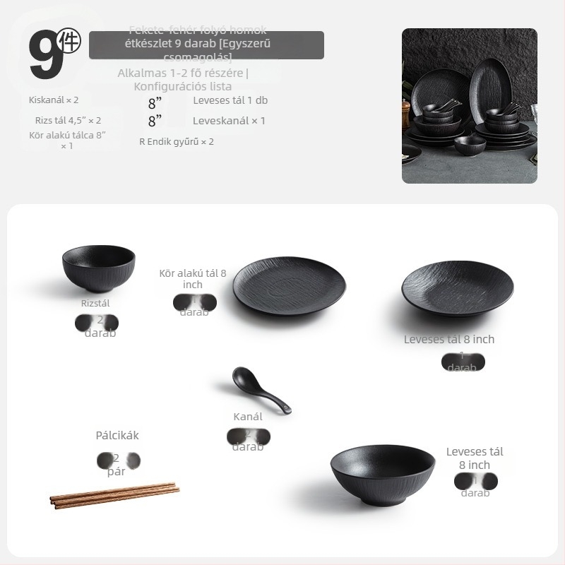 Porcelán étkészlet tálakkal, tányérokkal és evőpálcikákkal; egyszerű stílus, kerek forma, egynemű mintázat; márka YOGEHOME