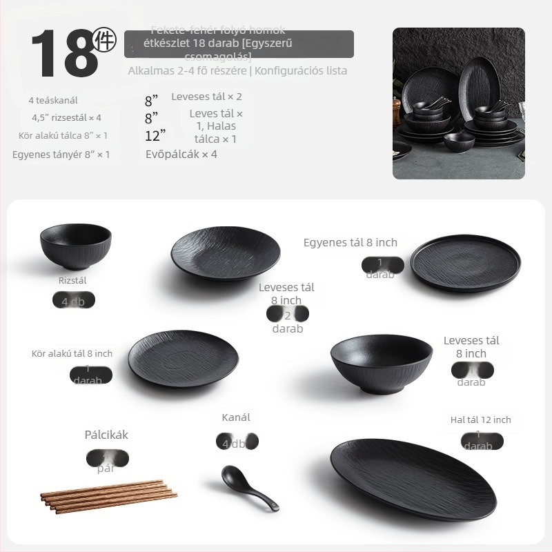 Porcelán étkészlet tálakkal, tányérokkal és evőpálcikákkal; egyszerű stílus, kerek forma, egynemű mintázat; márka YOGEHOME