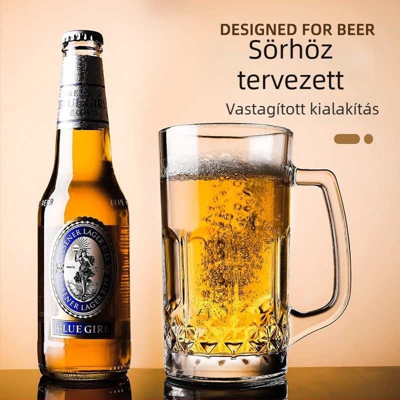 Sörös bögre edzett üvegből, 500 ml kapacitás, fogantyúval, testreszabható