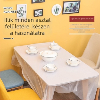 Egyszer használatos, vastagított polietilén asztalterítő körkörös és téglalap alakú asztalokhoz; modern minimalista stílus; nem biológiailag lebomló; ideális bankettekhez, éttermekhez és otthoni használatra.