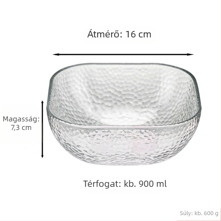 Salátástál szóda-lime üvegből, négyszögletes forma, egységes mintázat, modern minimalist stílus, mikrohullámú sütőben nem használható.