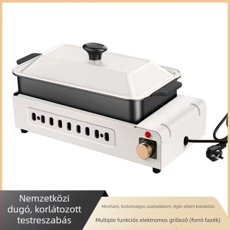 Leválasztható 2-in-1 forró fazék és grill, 1500W, 7L öntöttvas test, 220V, gombos vezérlés, cserélhető sütőedény, Shabu-Shabu funkció, 3-4 személyre