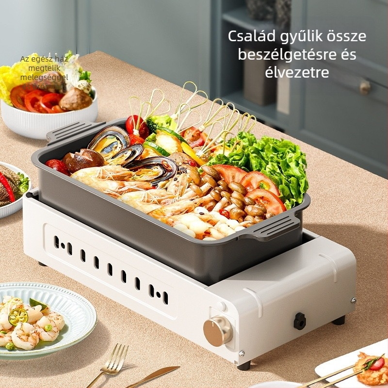 Leválasztható 2-in-1 forró fazék és grill, 1500W, 7L öntöttvas test, 220V, gombos vezérlés, cserélhető sütőedény, Shabu-Shabu funkció, 3-4 személyre