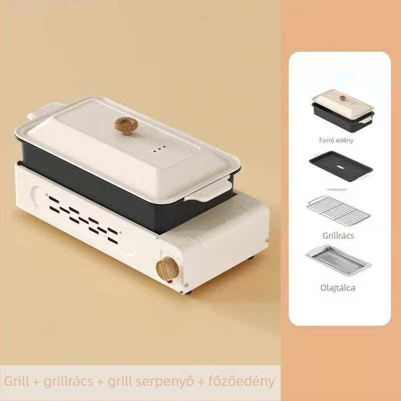 Leválasztható 2-in-1 forró fazék és grill, 1500W, 7L öntöttvas test, 220V, gombos vezérlés, cserélhető sütőedény, Shabu-Shabu funkció, 3-4 személyre