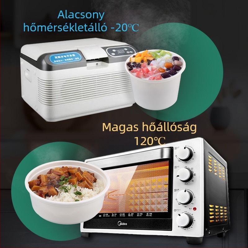 Egyszer használatos műanyag tál, élelmiszer-minőségű, mikrohullámú sütőben biztonságos, szivárgásálló fedéllel.