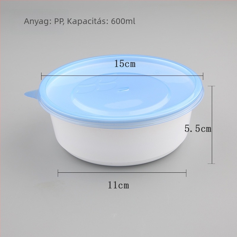 Egyszer használatos műanyag tál, élelmiszer-minőségű, mikrohullámú sütőben biztonságos, szivárgásálló fedéllel.