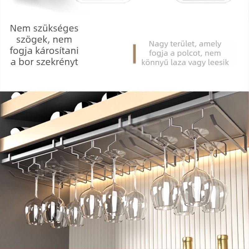 Ermo falra szerelhető borospohár tartó, lyukasztás nélküli, szénacélból, modern minimalista stílusú