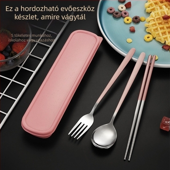 Koreai stílusú hordozható étkészlet 410 rozsdamentes acélból — 2 evőpálca, 1 kanál, 1 villa és tároló doboz