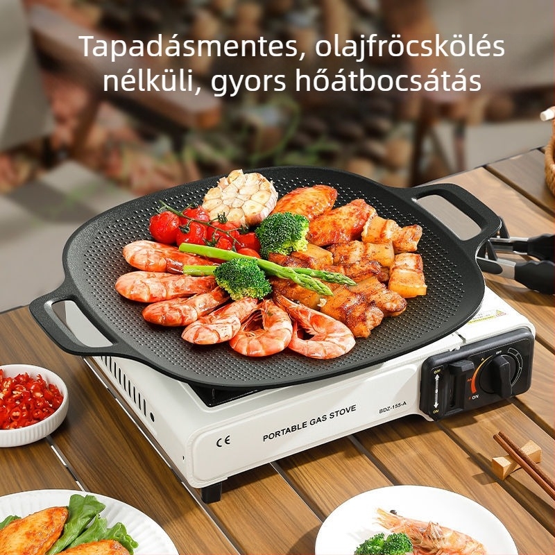 Kempingezéshez alkalmas grillsütő serpenyő – Koreai BBQ Teppanyaki, ötvözet, négyzet alakú, indukciós kompatibilis, elektroforézissel bevont, összecsukható