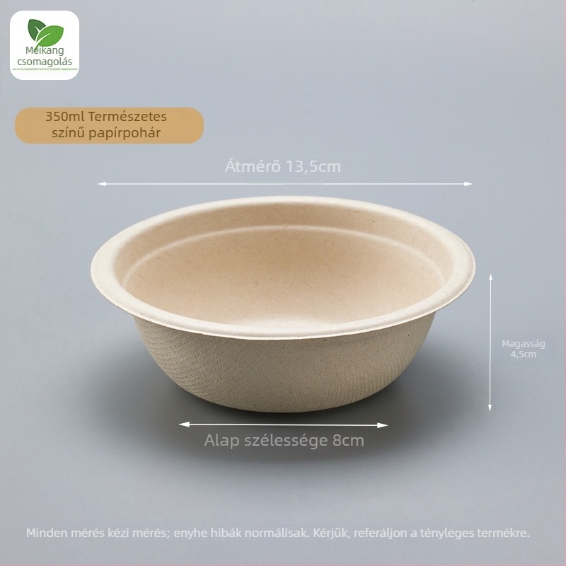 Egyszer használatos, biológiailag lebomló tál papírból, szalma kalap formájú, 340–350 ml, 1 mm vastagság, logó nyomtatása elérhető, testreszabható, desszertekhez, joghurthoz és gyümölcssalátákhoz