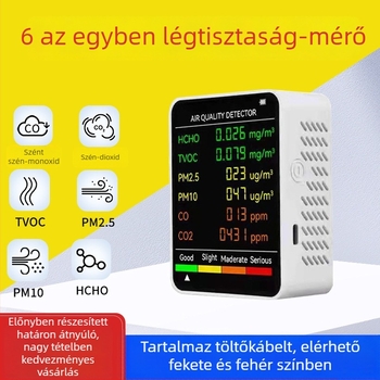 Hordozható levegőminőség-ellenőrző: CO, CO2, formaldehid, TVOC, PM2.5, PM10; tartomány 400–5000 PPM; pontosság 10 PPM; Type-C tápegítés