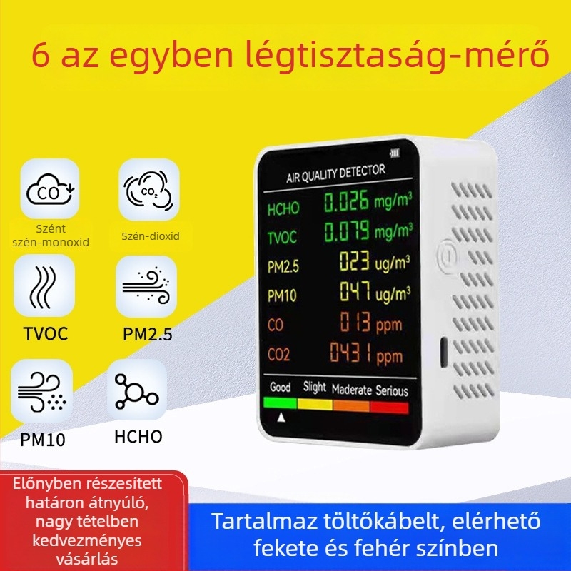 Hordozható levegőminőség-ellenőrző: CO, CO2, formaldehid, TVOC, PM2.5, PM10; tartomány 400–5000 PPM; pontosság 10 PPM; Type-C tápegítés