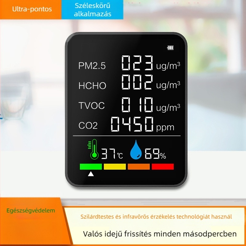 Hordozható levegőminőség-ellenőrző: CO, CO2, formaldehid, TVOC, PM2.5, PM10; tartomány 400–5000 PPM; pontosság 10 PPM; Type-C tápegítés