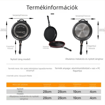 Kör alakú dupla oldalú alumínium serpenyő sík alappal - tapadásmentes, füstmentes; ideális steak sütéséhez; kompatibil indukciós, gáztűzhely és általános tűzhelyekkel; alumínium ötvözet fedél.