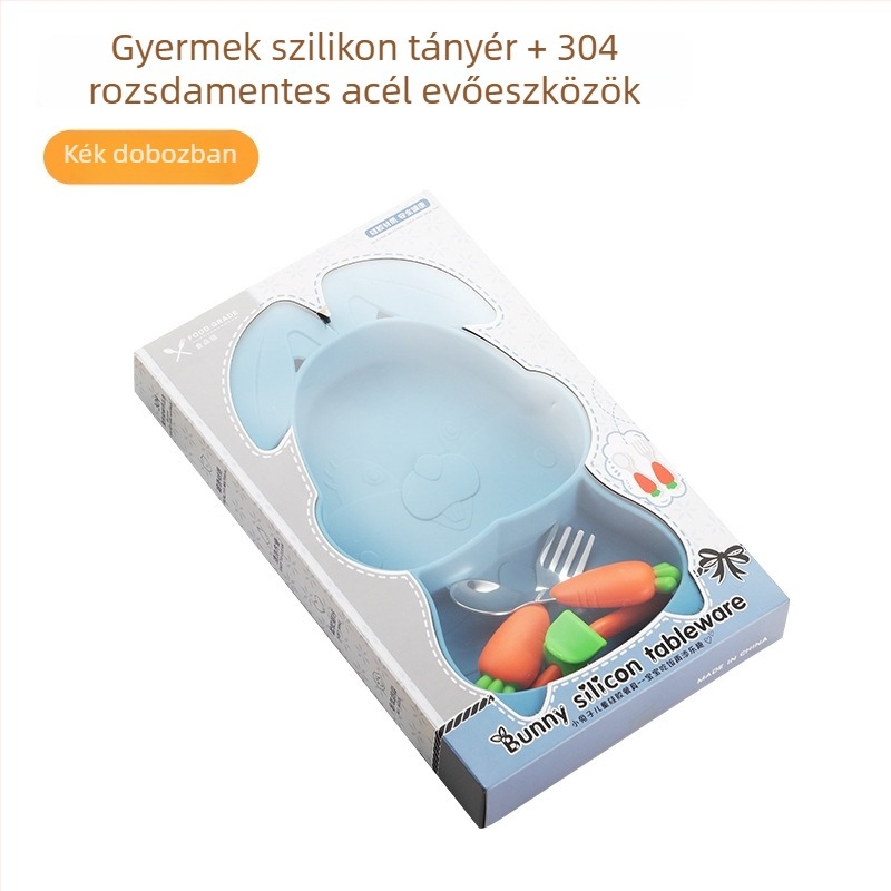 Baba étkezési készlet ventuzás tányérral és rozsdamentes acél evőeszközökkel – rajzfilm stílusú, 4 darab (Kor: 12 hónap+; Tejpor rekesz: 2; Anyag: rozsdamentes acél)