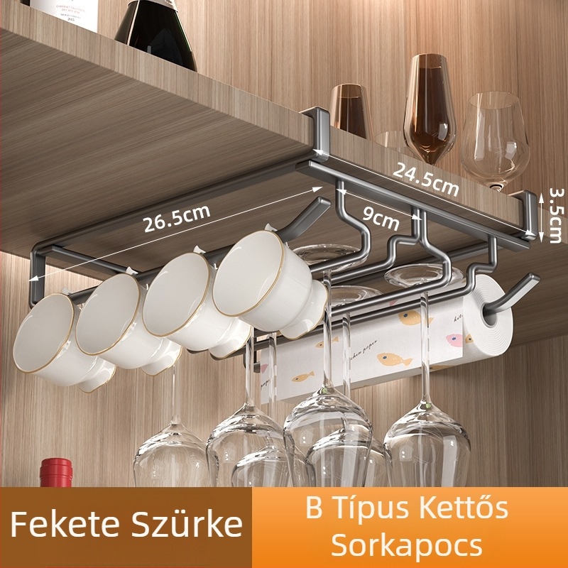 Fali pohártartó, lyukasztás nélkül, szénacélból, egyrétegű vagy kétsoros kivitel, modern minimál stílus