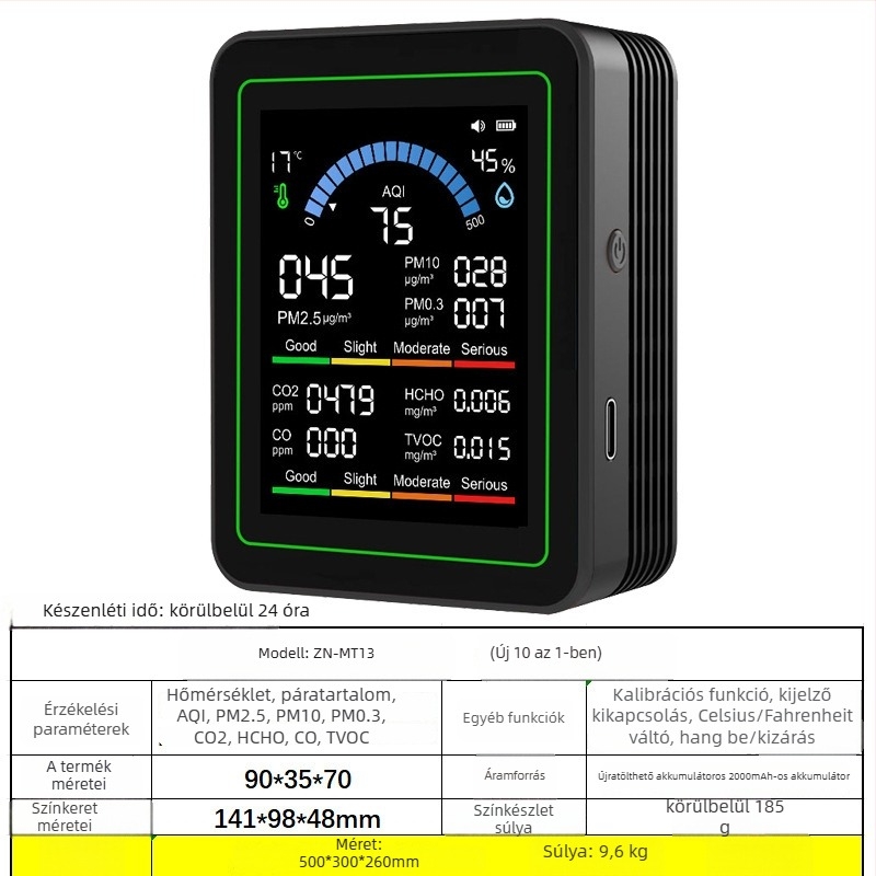 10-az-1-ben otthoni levegődetektor Mt13: CO2 400-5000 ppm, formaldehid, TVOC, CO, hőmérséklet és páratartalom - 5V tápegység