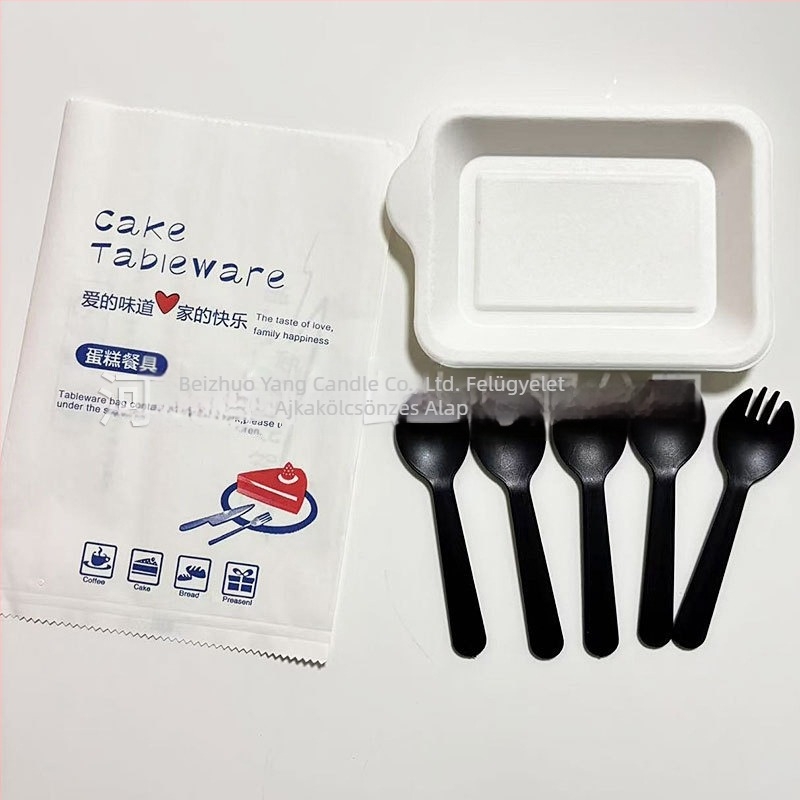 Egyszer használatos torta kés és villa és tálkészlet — műanyag, biológiailag lebomló, téglalap alakú, nyomtatott logóval, testreszabható