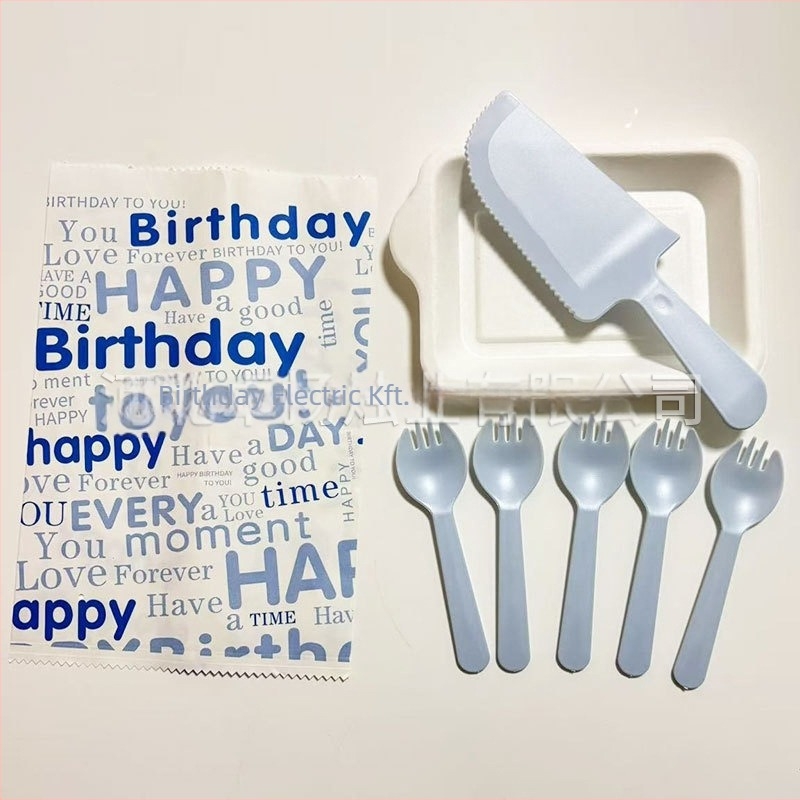 Egyszer használatos torta kés és villa és tálkészlet — műanyag, biológiailag lebomló, téglalap alakú, nyomtatott logóval, testreszabható
