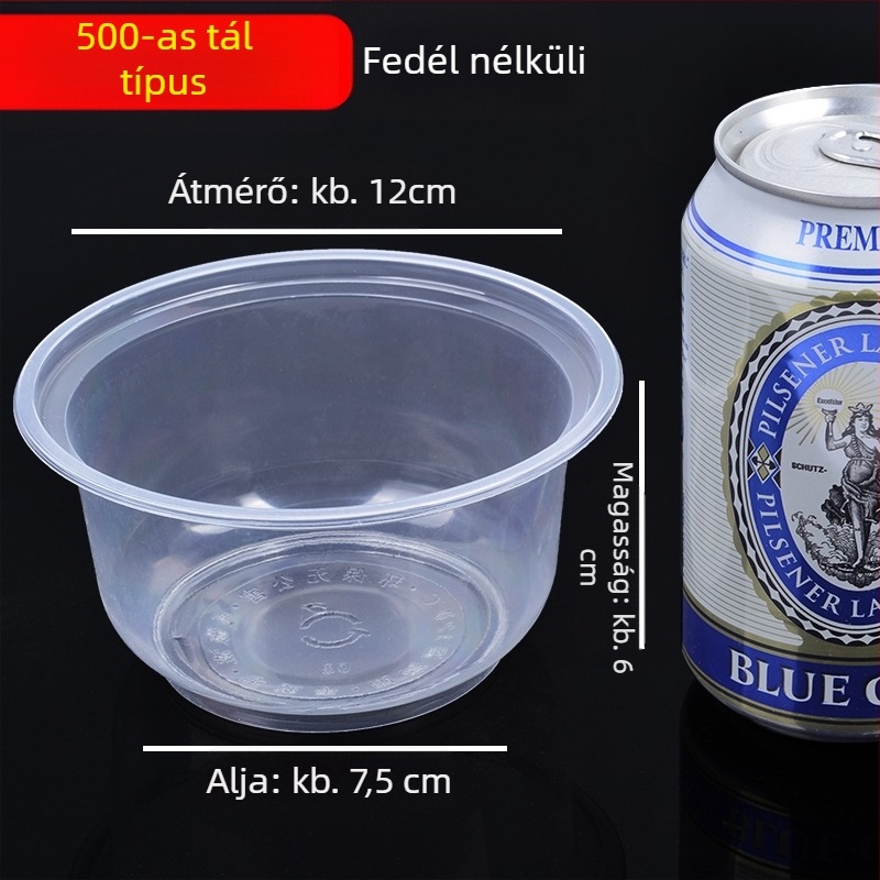 Egyszer használatos kerek műanyag leveses tálak fedéllel, házhoz szállításhoz, esküvőkre és otthoni használatra | dobozban 20–50 darab | Nem biológiailag lebomló | Testreszabható feldolgozás elérhető