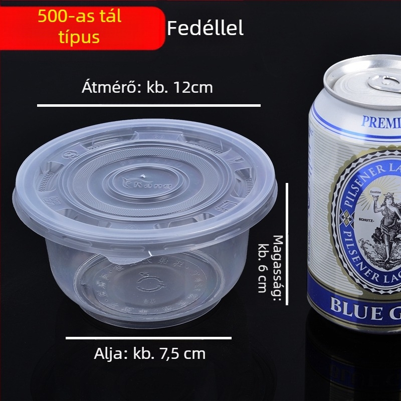 Egyszer használatos kerek műanyag leveses tálak fedéllel, házhoz szállításhoz, esküvőkre és otthoni használatra | dobozban 20–50 darab | Nem biológiailag lebomló | Testreszabható feldolgozás elérhető