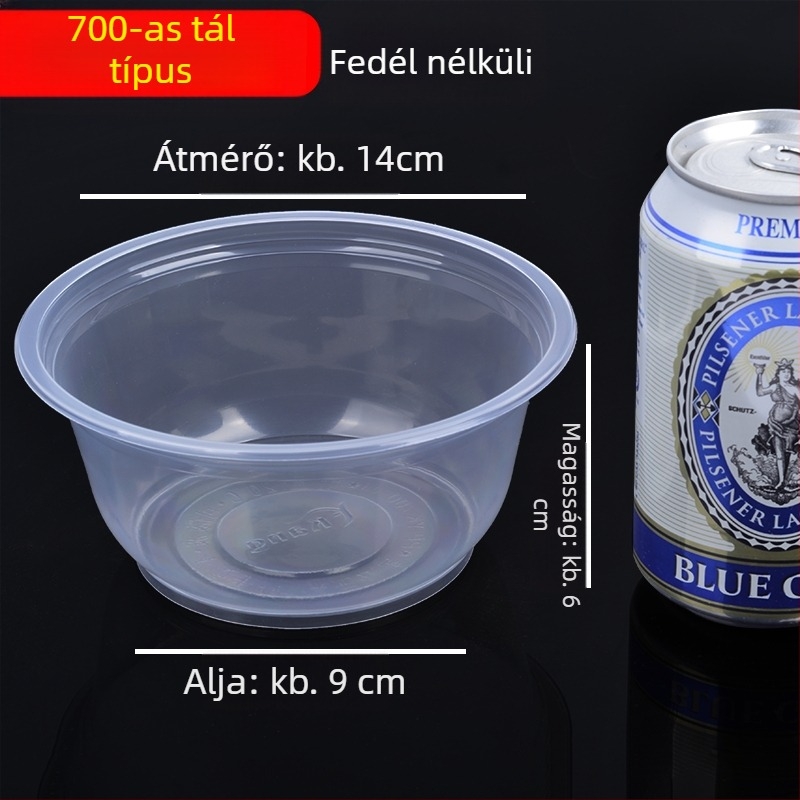 Egyszer használatos kerek műanyag leveses tálak fedéllel, házhoz szállításhoz, esküvőkre és otthoni használatra | dobozban 20–50 darab | Nem biológiailag lebomló | Testreszabható feldolgozás elérhető