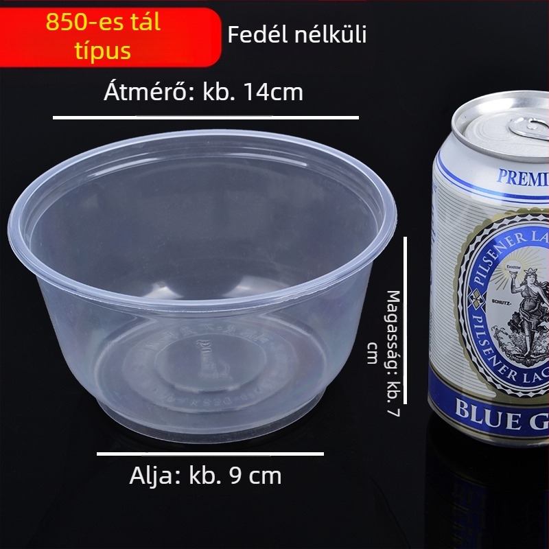 Egyszer használatos kerek műanyag leveses tálak fedéllel, házhoz szállításhoz, esküvőkre és otthoni használatra | dobozban 20–50 darab | Nem biológiailag lebomló | Testreszabható feldolgozás elérhető