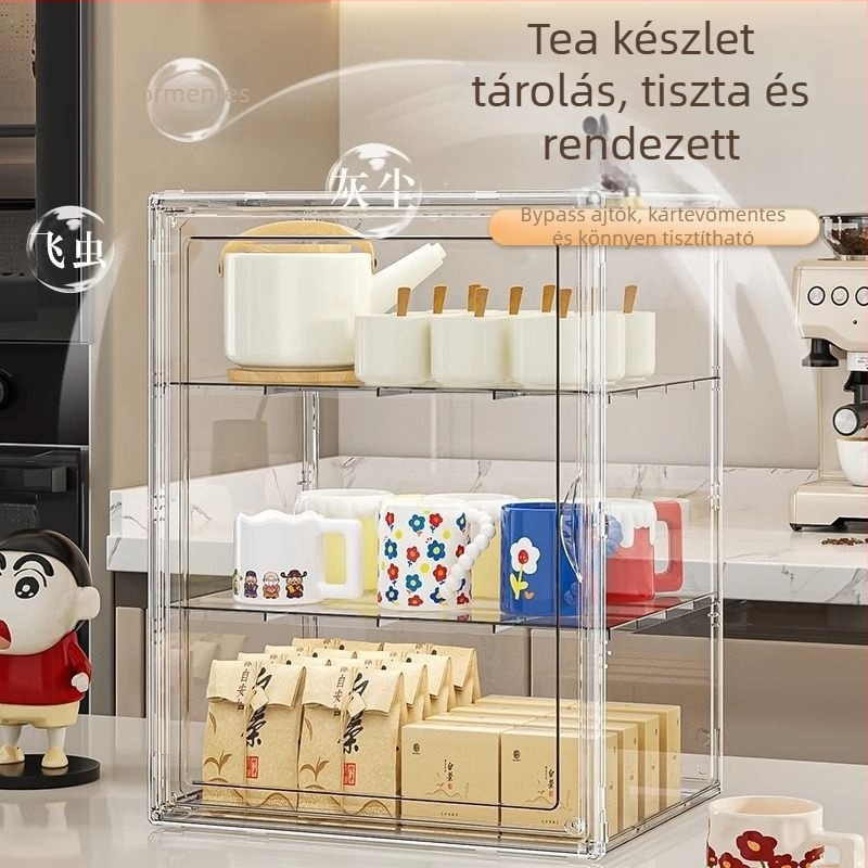 3‑emeletes pohártartó polc, műanyag, hordozható, asztali rendező, por- és nedvességálló, szerelés nélkül