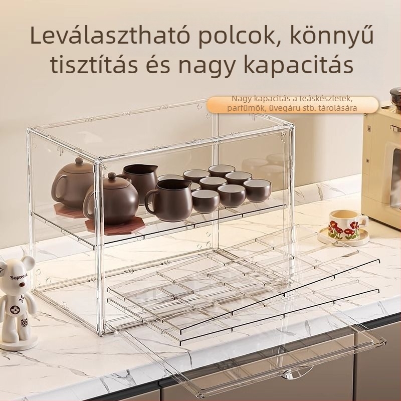 3‑emeletes pohártartó polc, műanyag, hordozható, asztali rendező, por- és nedvességálló, szerelés nélkül