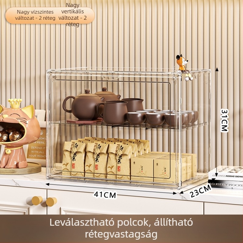 3‑emeletes pohártartó polc, műanyag, hordozható, asztali rendező, por- és nedvességálló, szerelés nélkül