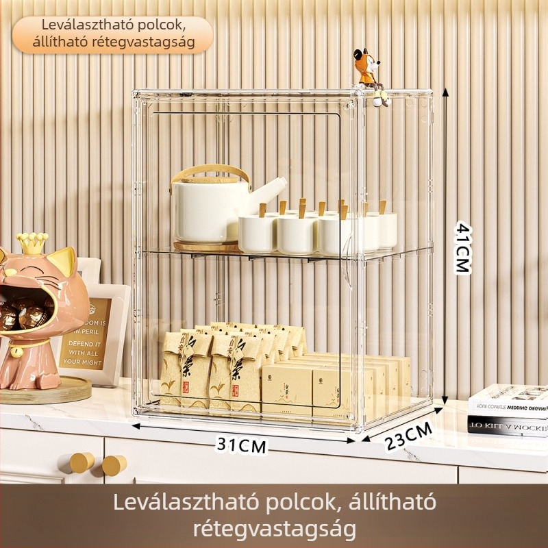 3‑emeletes pohártartó polc, műanyag, hordozható, asztali rendező, por- és nedvességálló, szerelés nélkül