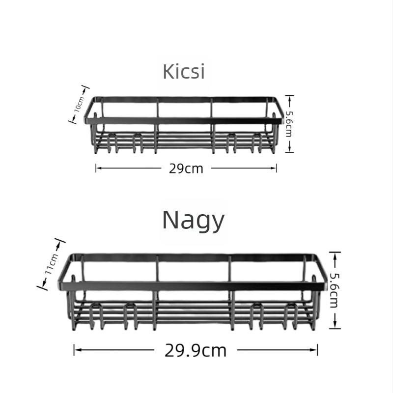 Fürdőszobai falra szerelhető tároló, fúrás nélkül, öt szint, szénacél, kampós szerelés, modern minimalist stílus