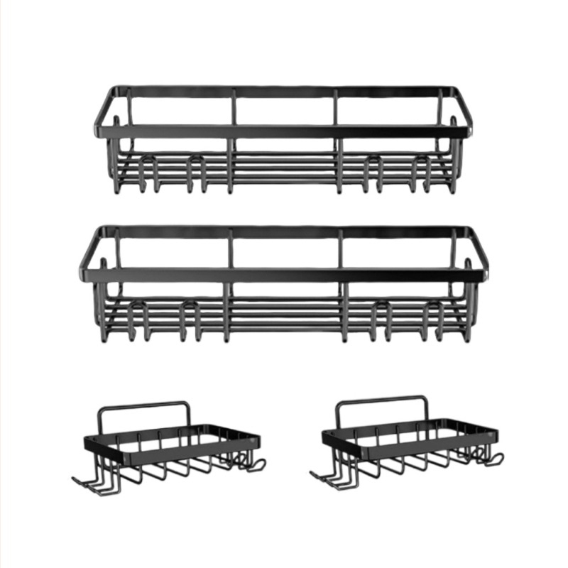 Fürdőszobai falra szerelhető tároló, fúrás nélkül, öt szint, szénacél, kampós szerelés, modern minimalist stílus