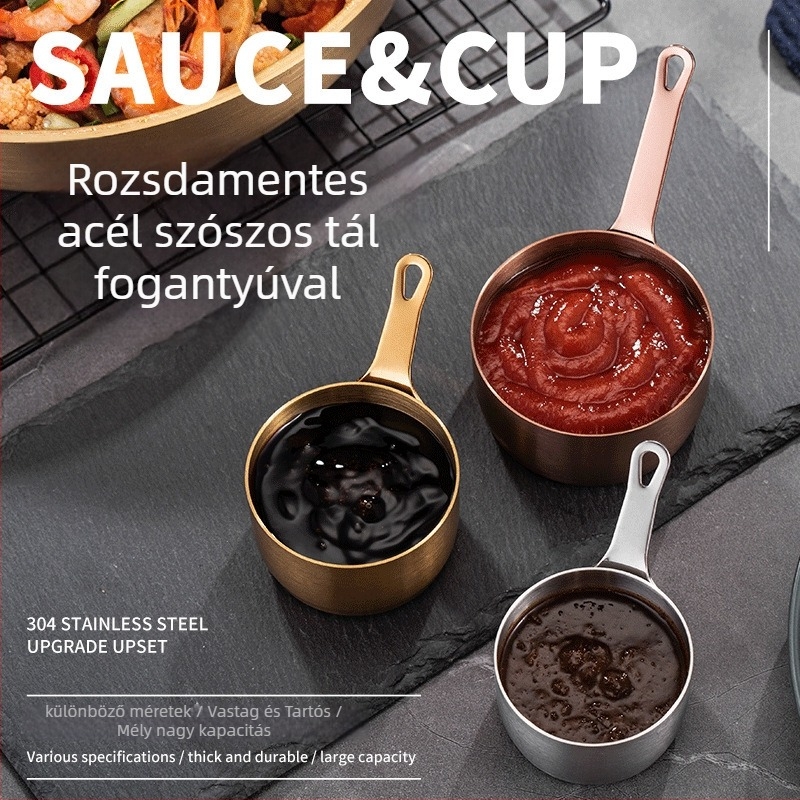 Szósz pohár fogantyúval, rozsdamentes acélból, mikróhőálló, elektroplátolt felület, egyszínű mintázat