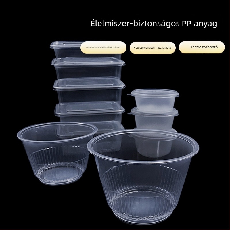 Egyszer használatos ebédes doboz, mikrohullámú sütőben melegíthető, kör alakú vagy téglalap alakú, fedéllel.