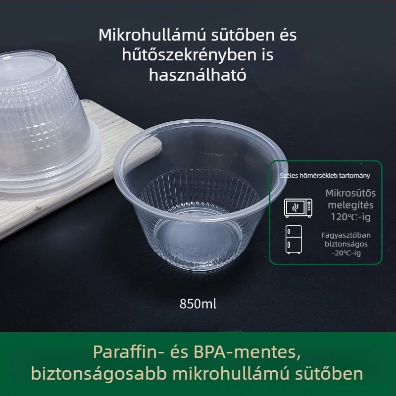 Egyszer használatos ebédes doboz, mikrohullámú sütőben melegíthető, kör alakú vagy téglalap alakú, fedéllel.