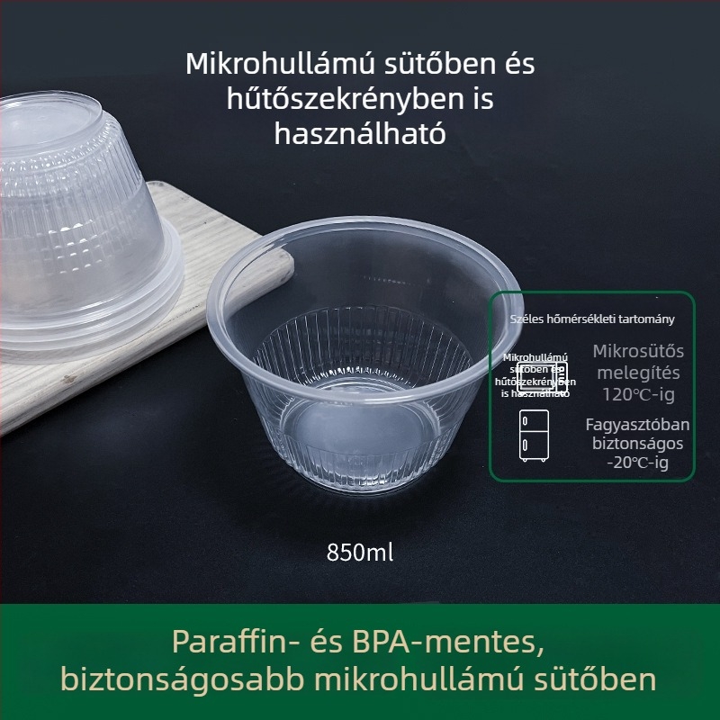 Egyszer használatos ebédes doboz, mikrohullámú sütőben melegíthető, kör alakú vagy téglalap alakú, fedéllel.