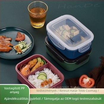 Bento ebédhordó, két rekesz, négyszögletes forma, PP anyag, 800–1000 ml kapacitás, mikrohullámú sütőben használható