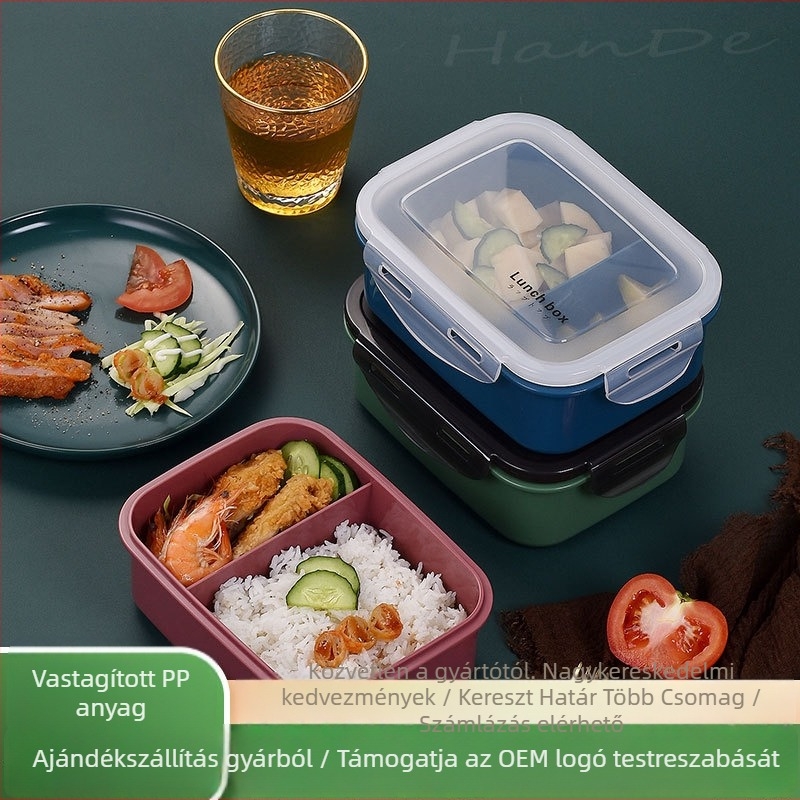Bento ebédhordó, két rekesz, négyszögletes forma, PP anyag, 800–1000 ml kapacitás, mikrohullámú sütőben használható