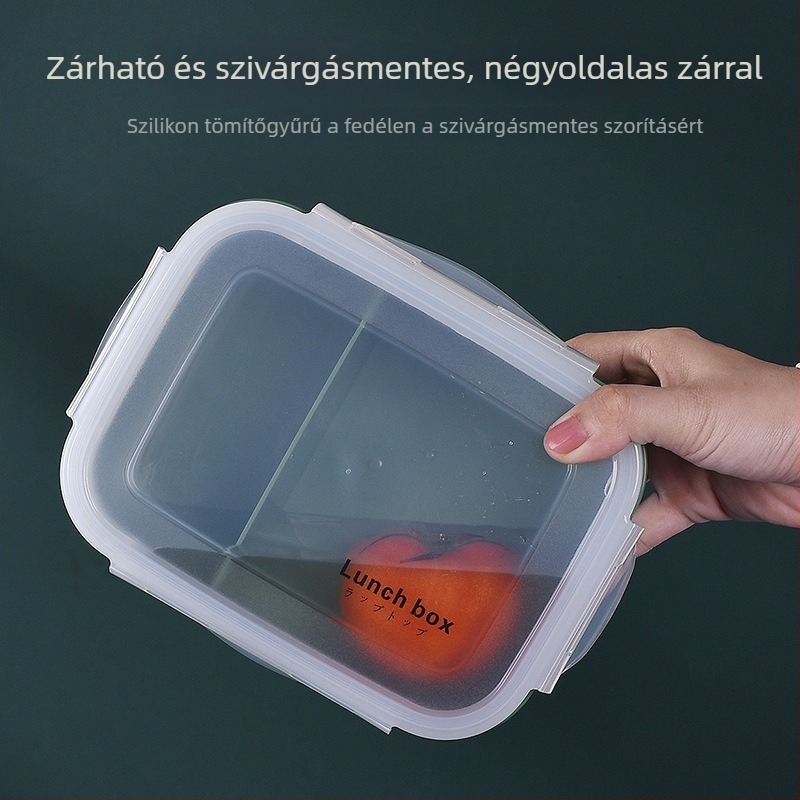 Bento ebédhordó, két rekesz, négyszögletes forma, PP anyag, 800–1000 ml kapacitás, mikrohullámú sütőben használható