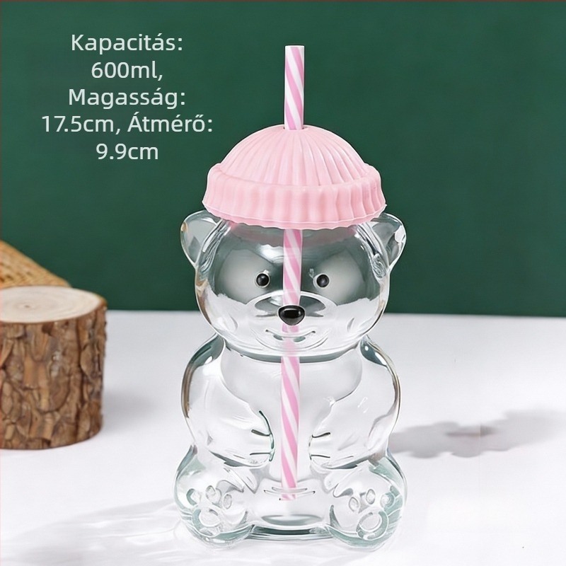 Üvegpohár macival – korlátozott kiadás, rajzfilmszerű stílus, szívószállal