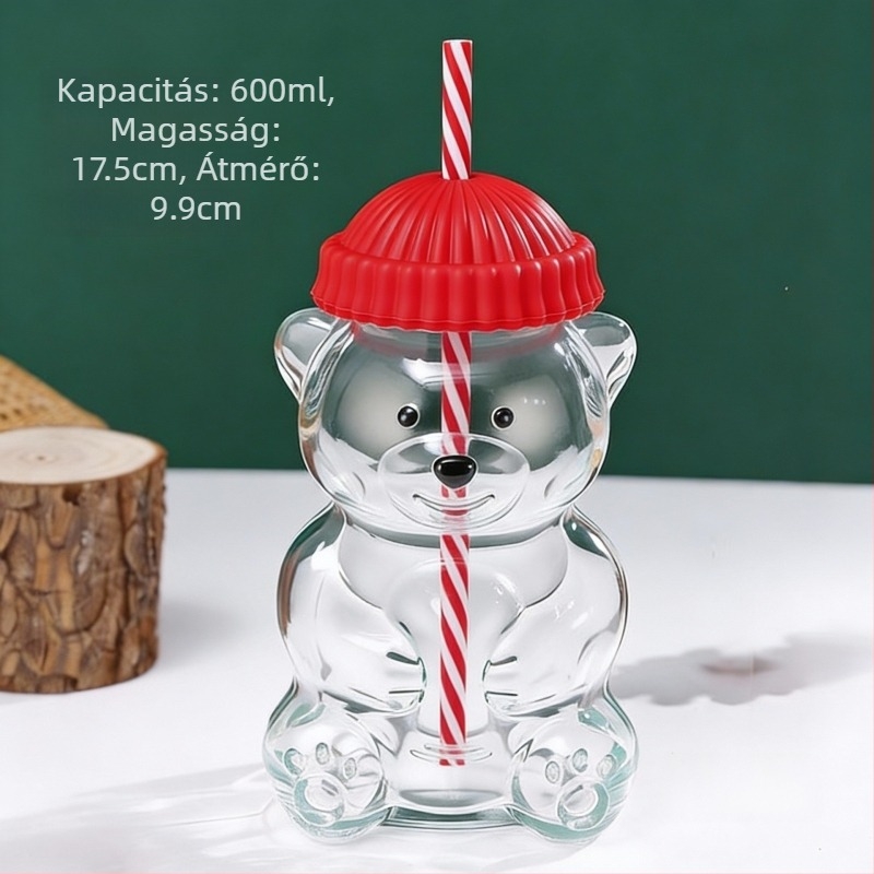 Üvegpohár macival – korlátozott kiadás, rajzfilmszerű stílus, szívószállal