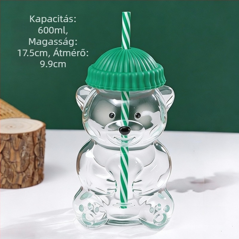 Üvegpohár macival – korlátozott kiadás, rajzfilmszerű stílus, szívószállal