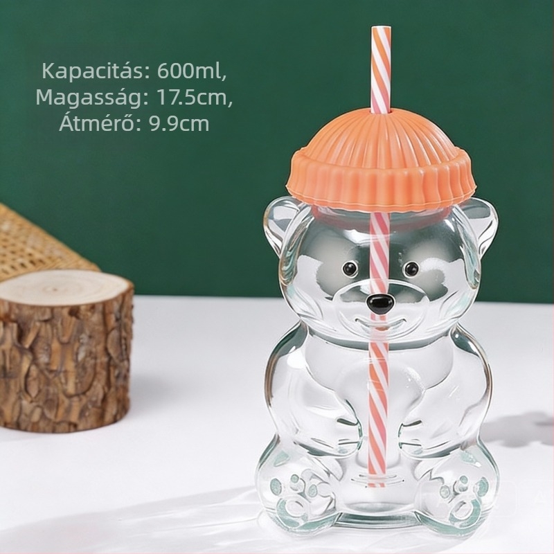 Üvegpohár macival – korlátozott kiadás, rajzfilmszerű stílus, szívószállal
