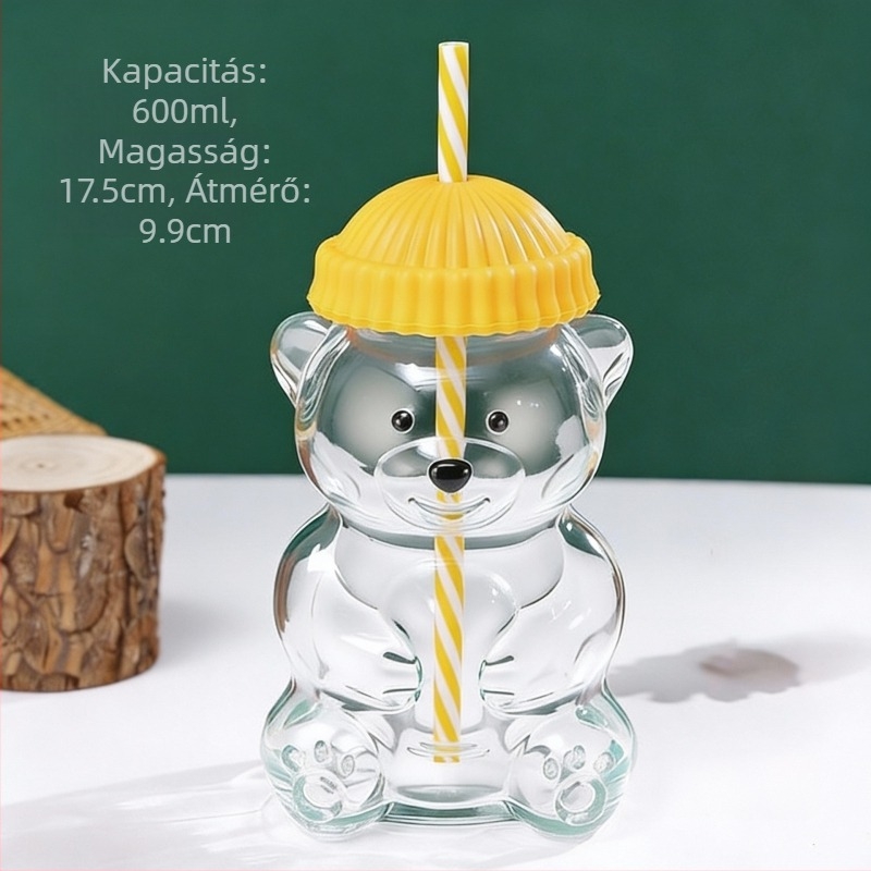 Üvegpohár macival – korlátozott kiadás, rajzfilmszerű stílus, szívószállal