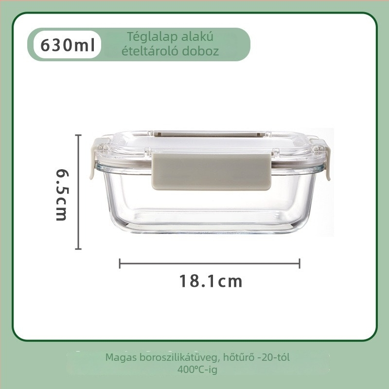 Üveges ebédes doboz négyzet alakú, hőálló üveg, mikrohullámú sütőben használható, kapacitás 301–800 ml