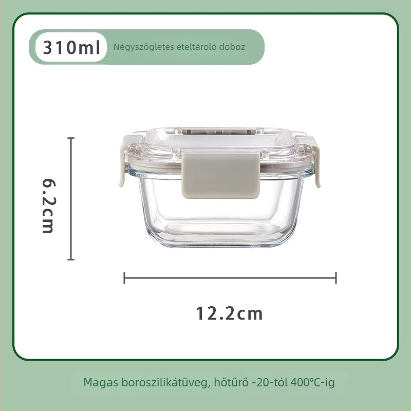 Üveges ebédes doboz négyzet alakú, hőálló üveg, mikrohullámú sütőben használható, kapacitás 301–800 ml