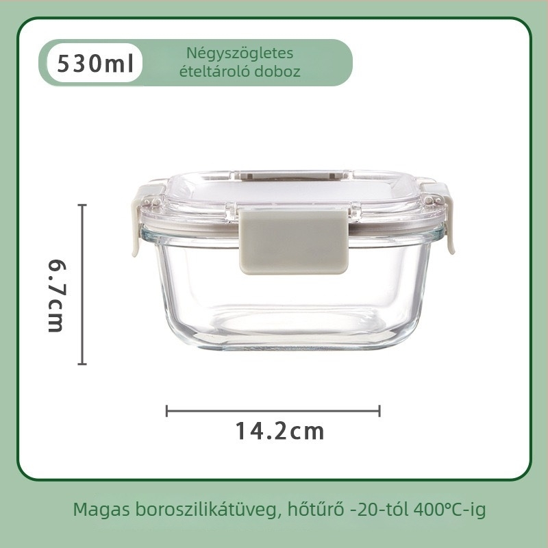Üveges ebédes doboz négyzet alakú, hőálló üveg, mikrohullámú sütőben használható, kapacitás 301–800 ml